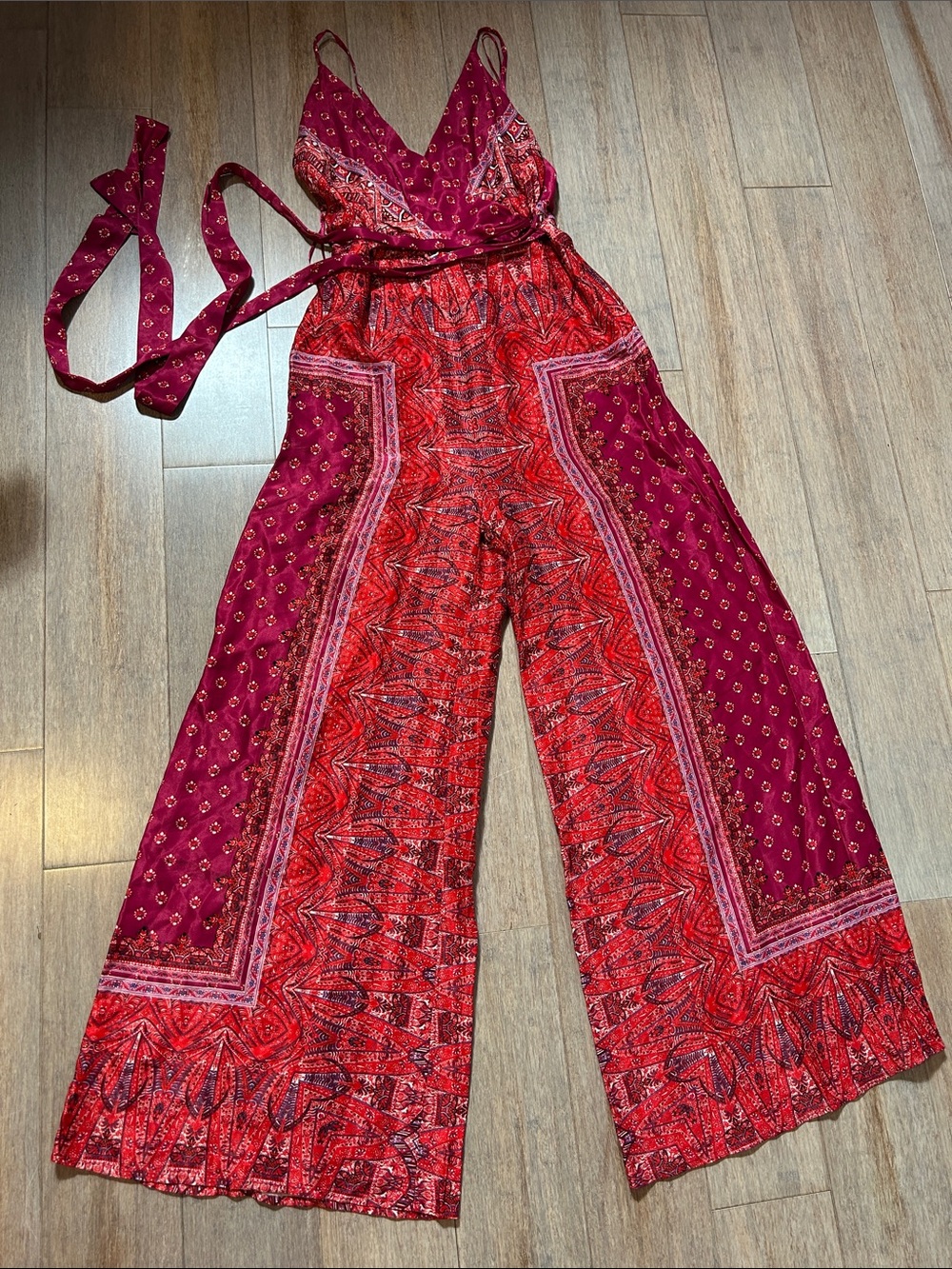 Free People Cabbage Rose Paisley Satin Wide Leg Jumpsuit in a pink combo print 0
